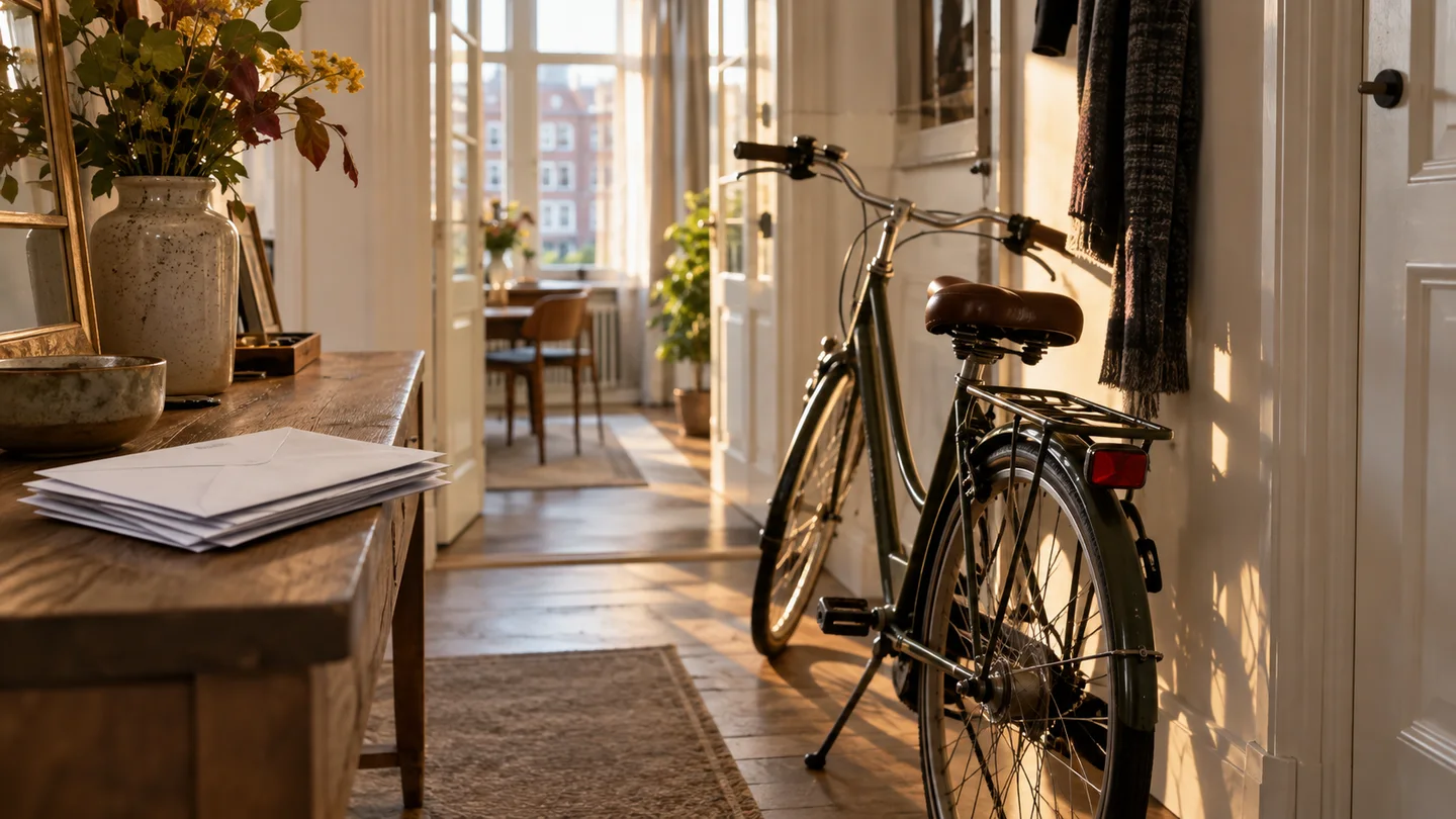 AI-sfeerbeeld: Een fiets en ongeopende enveloppen in een hal.