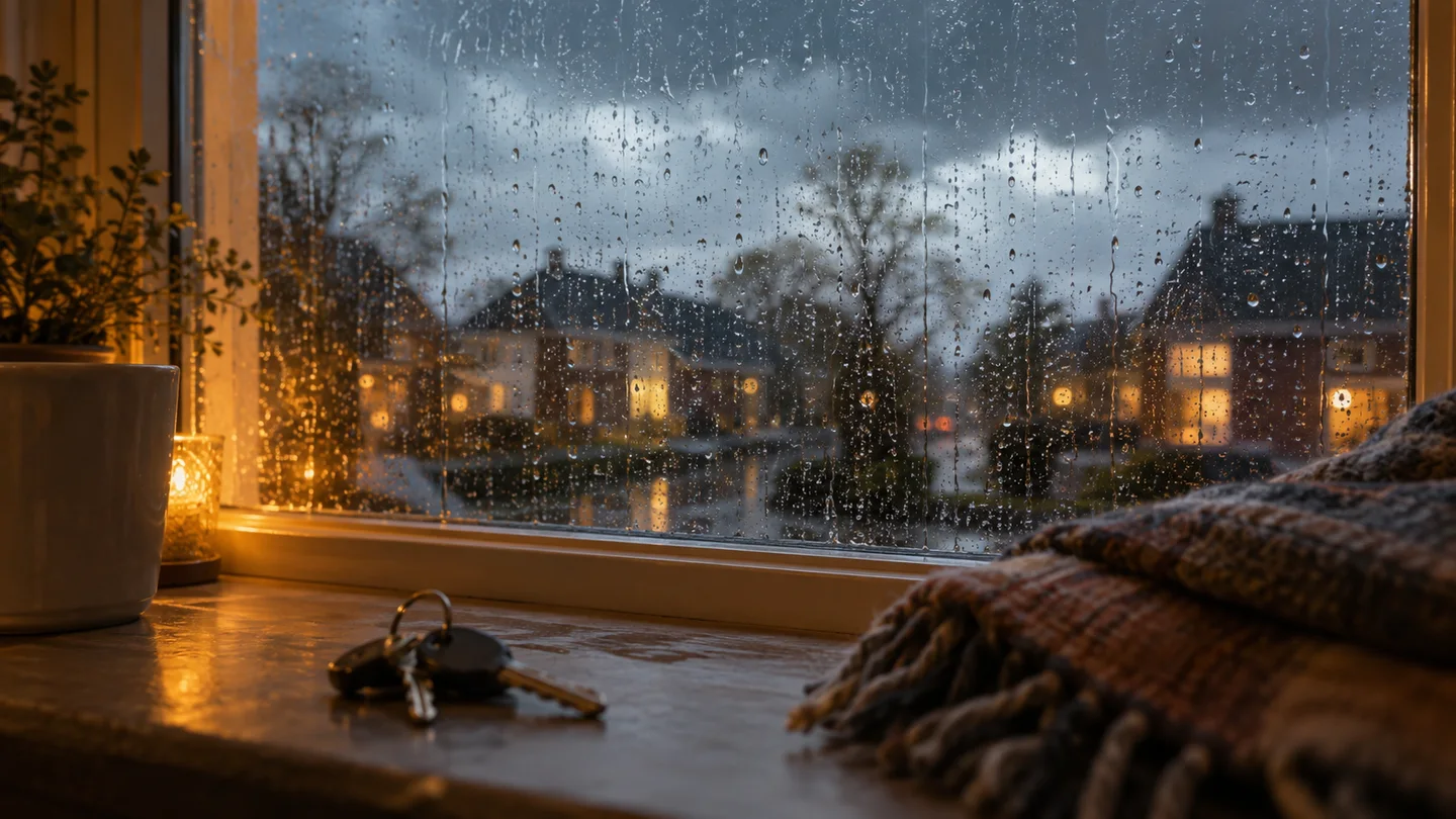 AI-sfeerbeeld: Een regenachtig raam met sleutels en een deken binnen.