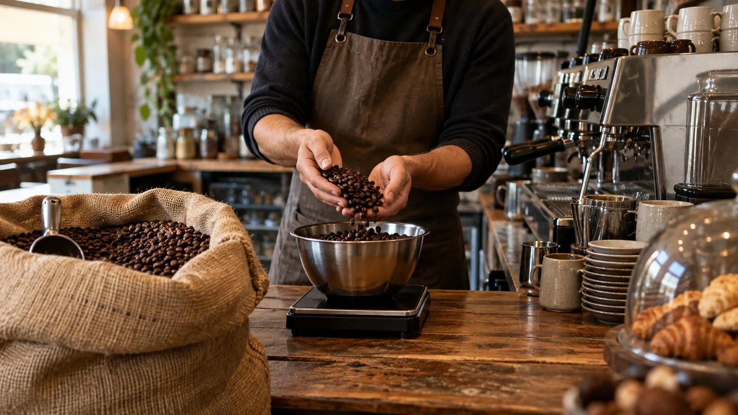 AI-sfeerbeeld: Koffiebonen worden afgewogen bij een espressobar.