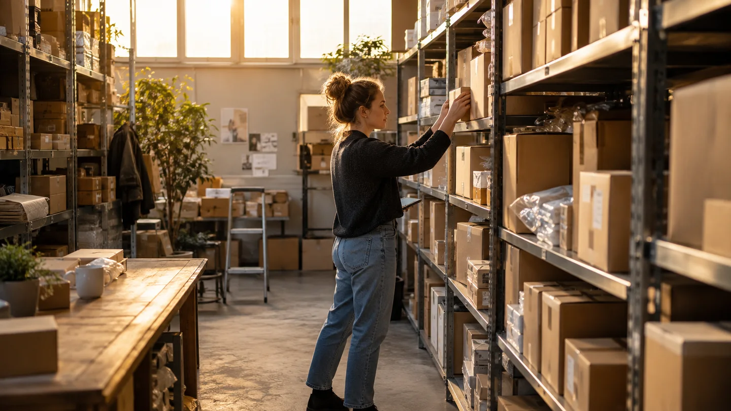 AI-sfeerbeeld: Dozen op stellingen in een magazijn.