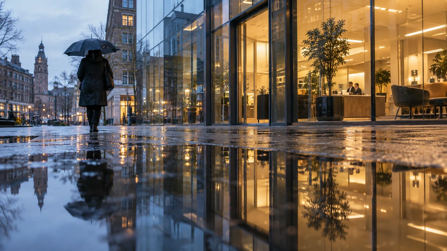 AI-sfeerbeeld: Een glazen kantoorgevel in de regen.