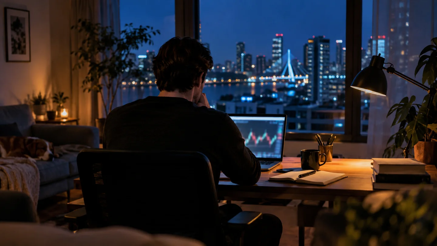 AI-sfeerbeeld: Een persoon achter een laptop in een nachtelijk interieur.