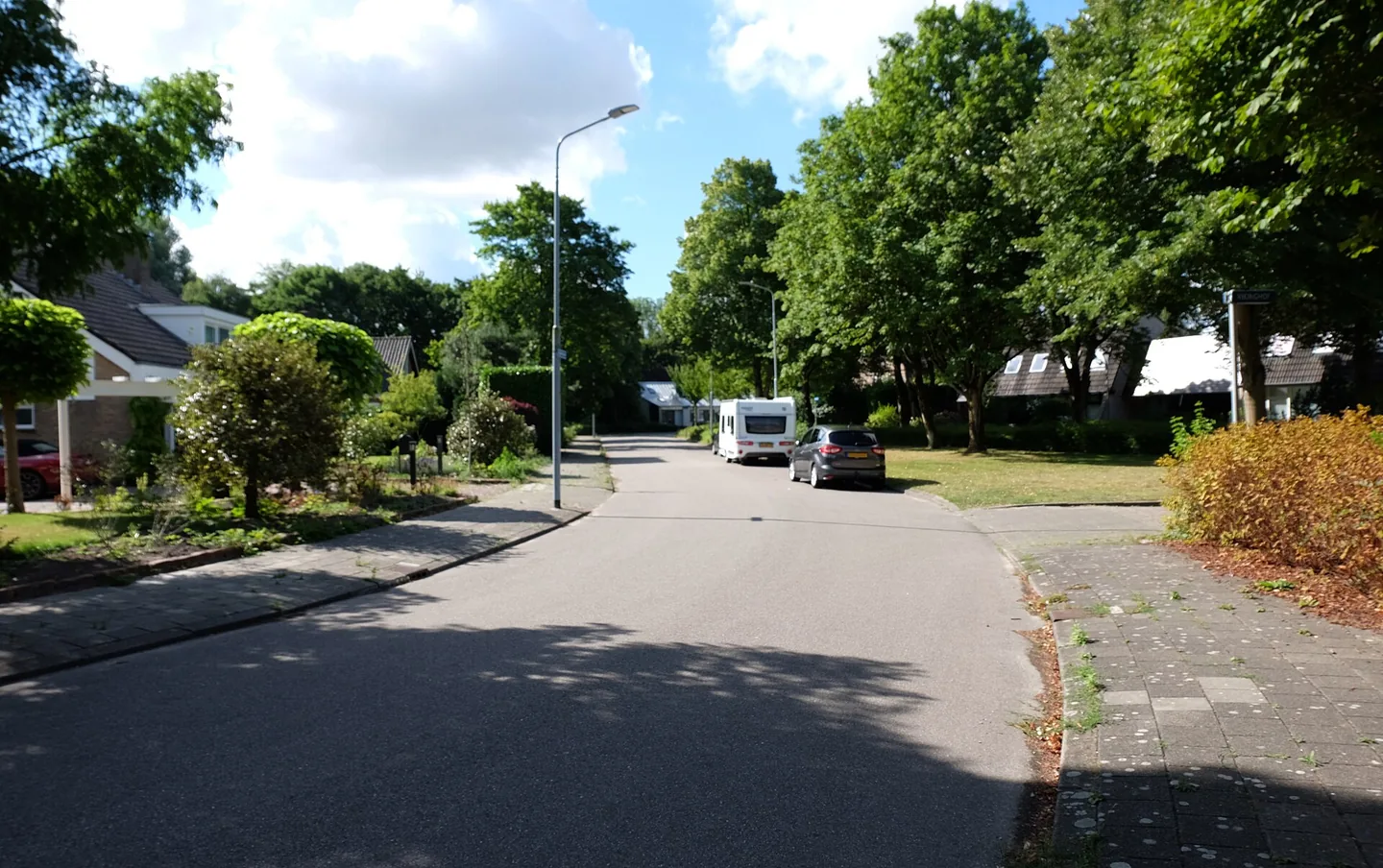 Een rustige woonstraat met vrijstaande huizen, tuinen, bomen en geparkeerde auto's in een Nederlandse buitenwijk.