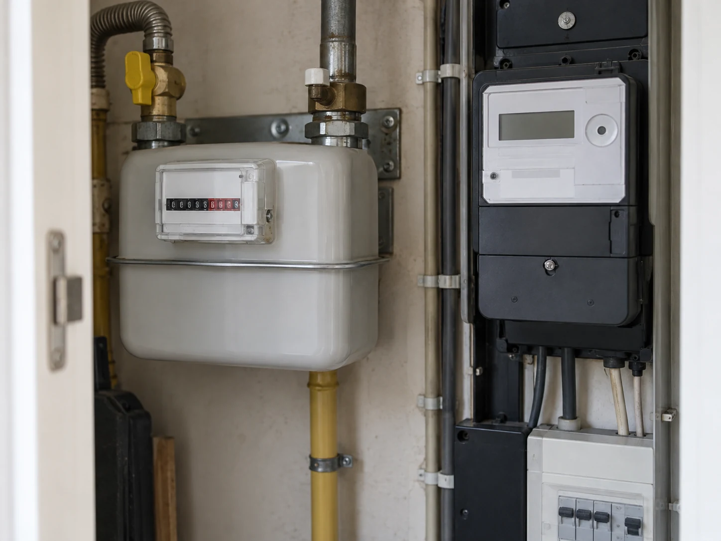 AI-beeld ter illustratie: een gasmeter en elektriciteitsmeter in huis.