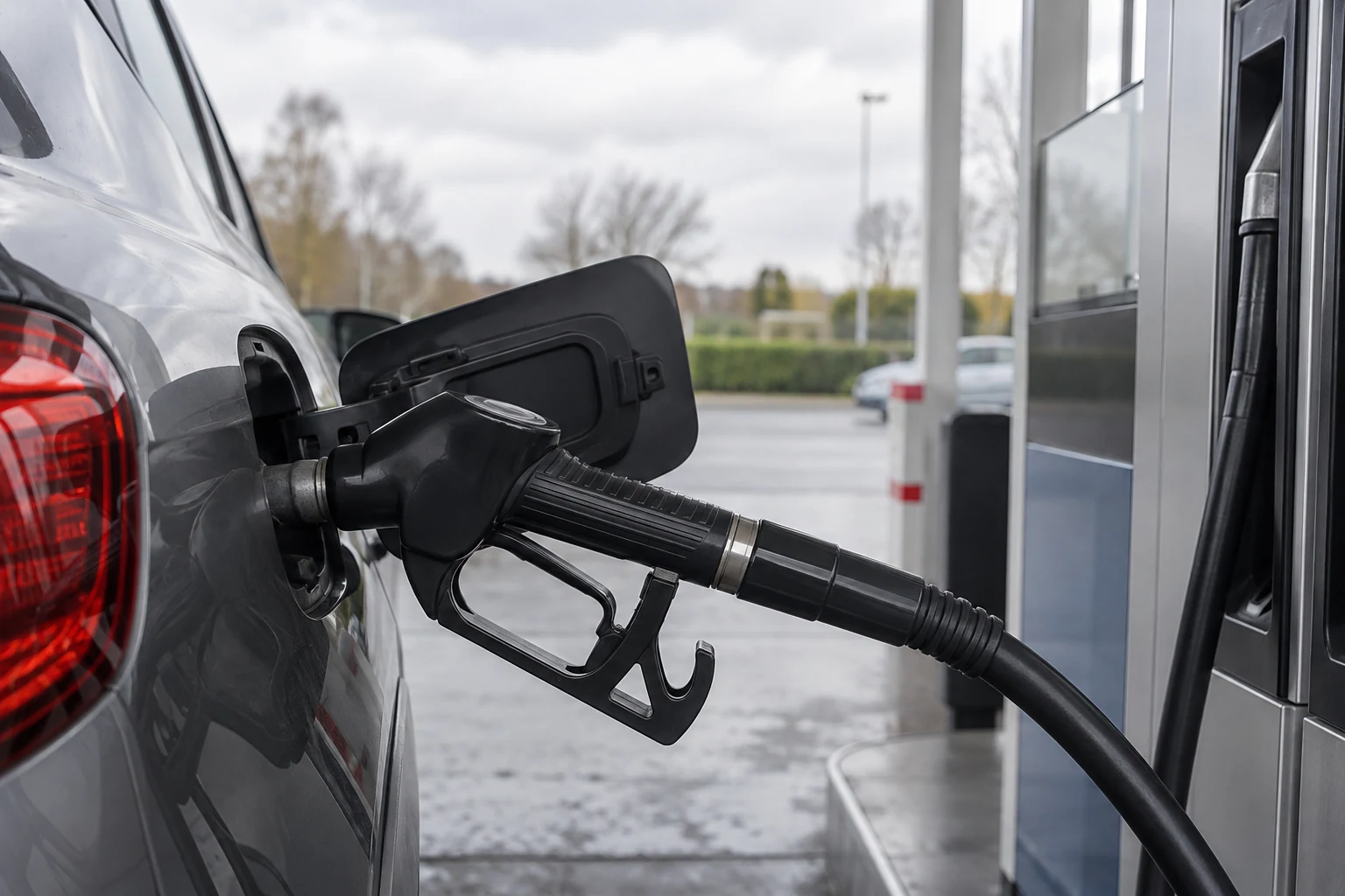 AI-beeld ter illustratie: een auto bij een onbemande, merkloze brandstofpomp.