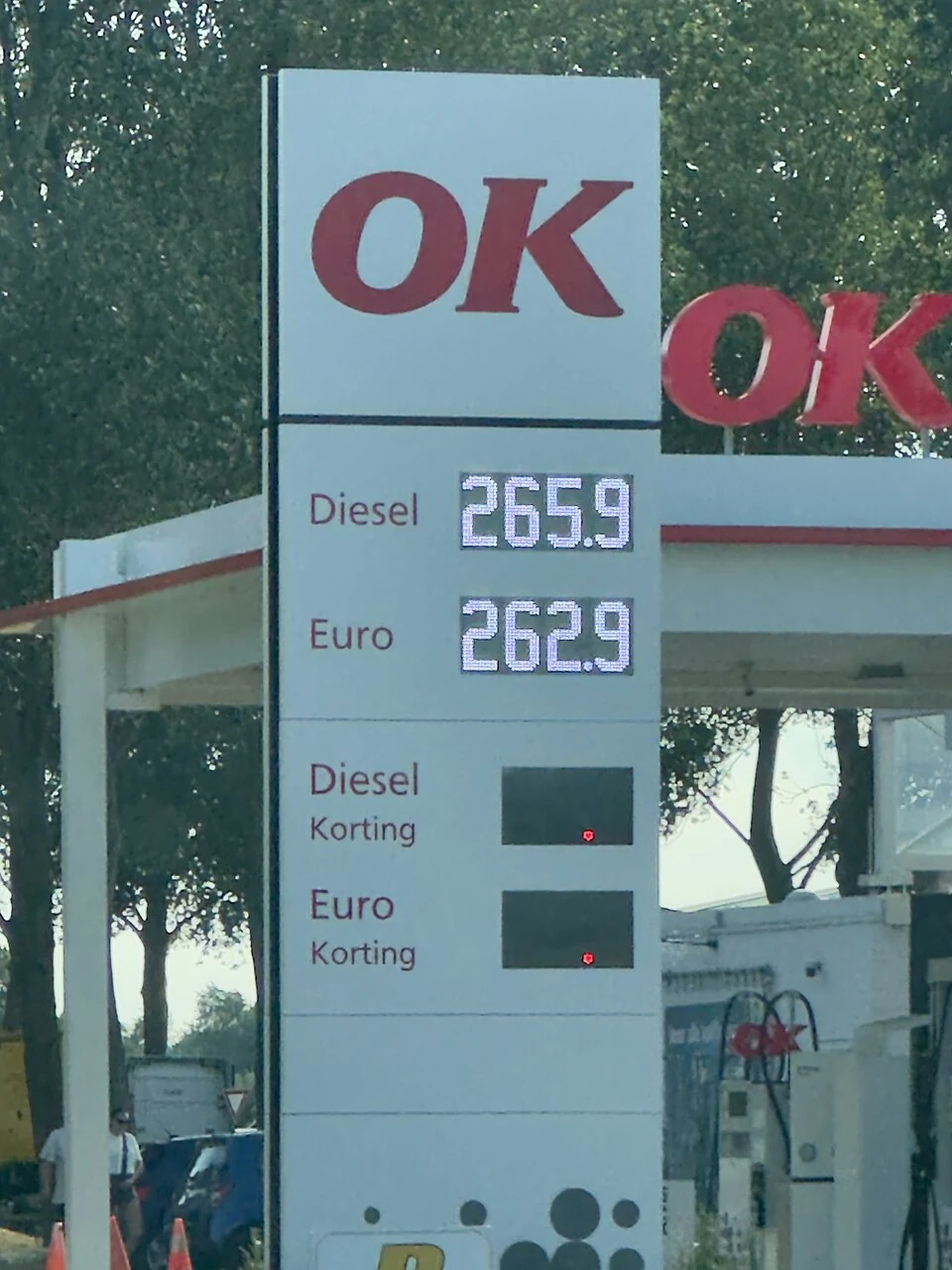 Brandstofprijzen bij tankstation OK in Coosenhoek, gefotografeerd in juli 2026.