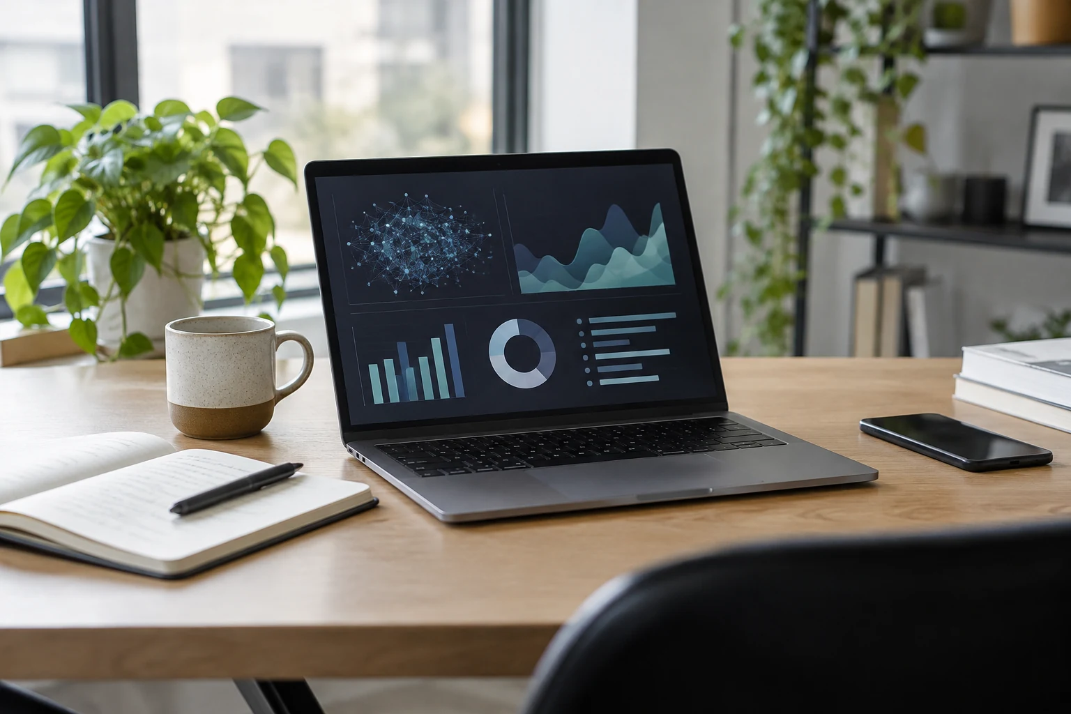 AI-beeld ter illustratie: een laptop met algemene dataweergaven op een kantoorwerkplek.