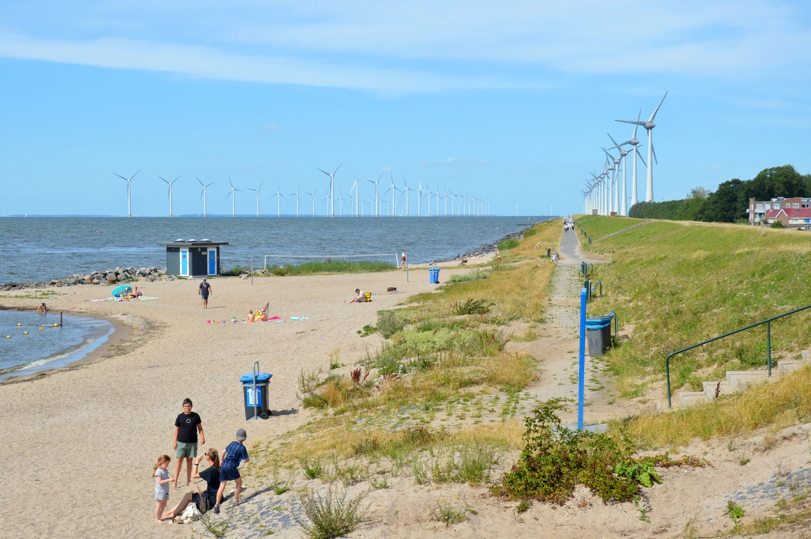 Strand langs het water met een rij windturbines op de horizon.