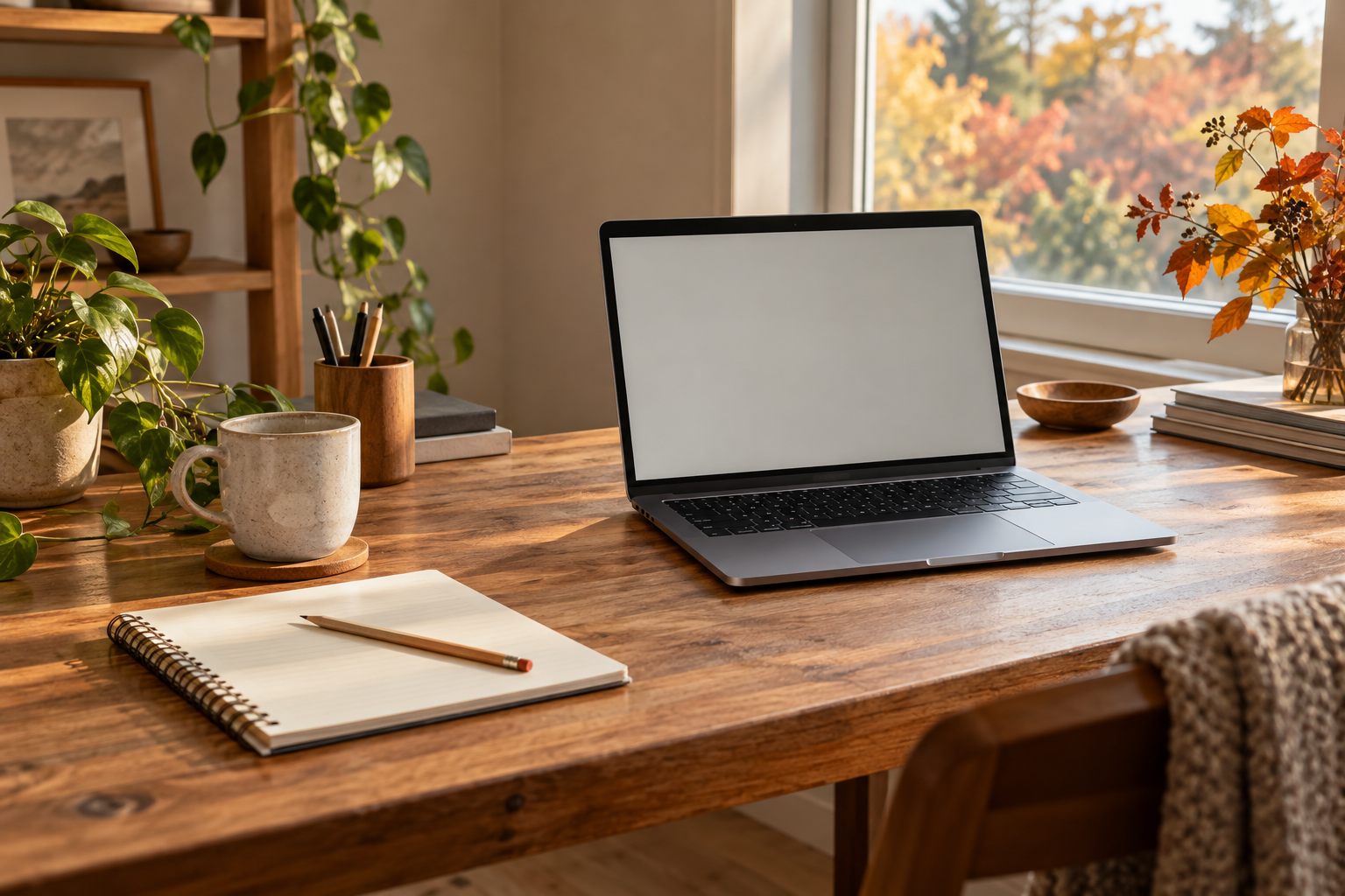 Een merkloze laptop met leeg scherm, een notitieboek en potlood op een houten werkbureau.